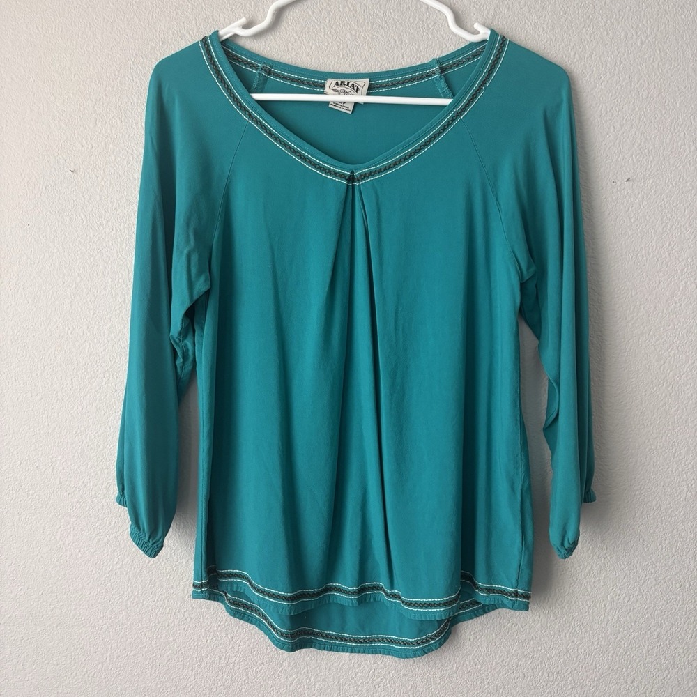 Ariat Women's‎ Turquoise Pleated V Neck 3/4 Length Top Size Small Rodeo Western